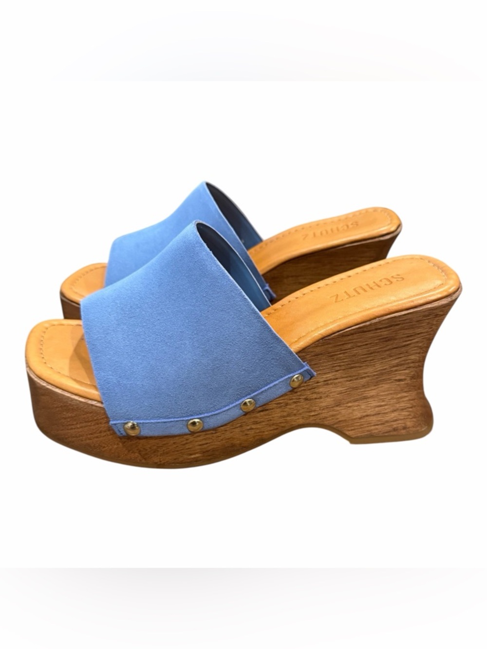 SCHUTZ Light Blue Suede Wooden Platform Slide Sandals